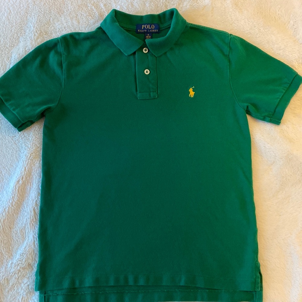 Boys Ralph Lauren Green POLO shirt TOP size Medium M 10-12 with Yellow Logo